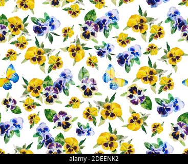 Pansy und Schmetterling Aquarell Botanik nahtlose Muster auf weißem Hintergrund mit Blättern und Blumen blau, gelbe Farbe Stockfoto