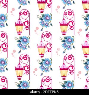 Kinder Mode drucken Vektoren. Laternen mit Blumen. Eine schöne Wandleuchte mit einem Blumenstrauß. Rosa und Blau. Muster für Mädchen. Großer Hintergrund für Wallpa Stock Vektor