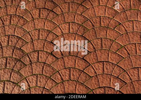 Altes orangefarbenes Bürgersteig. Geometrische Fliese Ornament, Pflaster-Muster. Asphaltierte moosbedeckte Straße. Dekorative Steine auf dem Bürgersteig. Leere Fläche für flaches Layout. Stockfoto