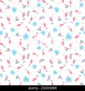 Tropisches, trendiges Nahtloses Muster mit rosa Flamingos und mintgrünen Palmblättern. Exotische Hawaii Kunst Hintergrund. Design für Stoff und Dekor. Stock Vektor