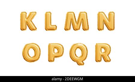 Realistische goldene Luftballons Alphabet auf weißem Hintergrund isoliert. K L M N O P Q R Buchstaben des Alphabets. Vektorgrafik Stock Vektor
