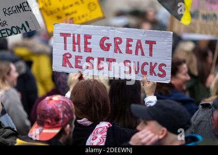 Anti-Lockdown Protest, London, 28. November 2020. Detail einer Protestplakette. Stockfoto