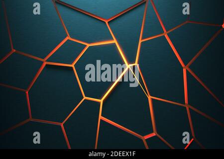 Gesprungene Oberfläche mit Feuerhintergrund - abstrakter geometrischer Hintergrund. 3D-Darstellung Stockfoto