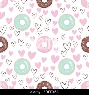 Vektor nahtlose Muster mit bunten Donuts mit Glasur und Streuseln auf weißem Hintergrund. Stock Vektor