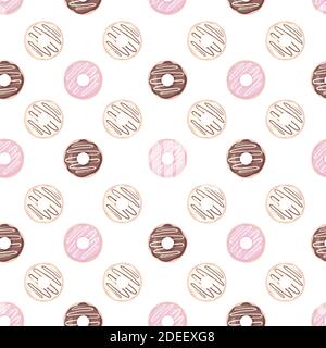 Vektor nahtlose Muster mit bunten Donuts mit Glasur und Streuseln auf weißem Hintergrund. Stock Vektor
