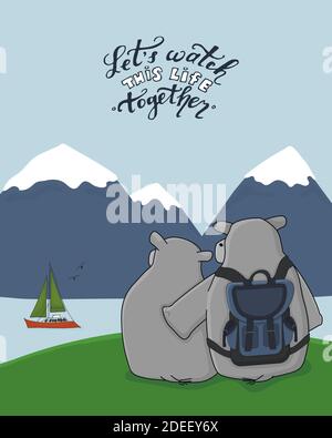 Einige von Hand gezeichnete Nilpferde sind auf grünem Feld in den Bergen in der Nähe des Flusses. Lasst uns dieses Leben zusammen sehen Text mit Vögeln ist am Himmel. Yacht ist in t Stock Vektor