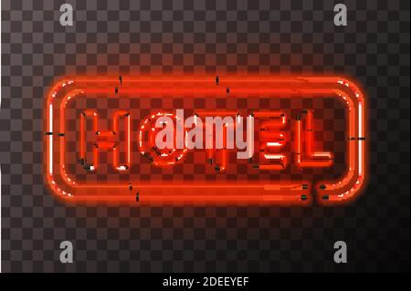 Leuchtendes rotes Neon-Hotelschild mit rechteckigem Rahmen Transparent Stock Vektor