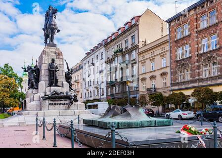 Das Grunwald Denkmal ist eine Reiterstatue des Königs von Polen Wladyslaw II Jagiello, am Matejko-Platz in Kraków Altstadt Stadt und gebaut i Stockfoto