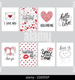 Set von Grußkarten zum Valentinstag. Vector Kollektion mit Pinsel-Schriftzug und handgeschriebenen Elementen. Stock Vektor