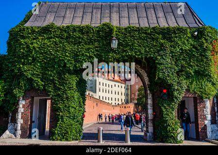 Tor zum Wawel Royal Castle. Krakau, Kreis Kraków, Woiwodschaft Kleinpolen, Polen, Europa Stockfoto