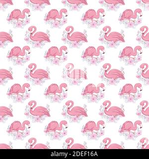 Tropisches Nahtloses Muster mit niedlichem Flamingo und Blumen. Cartoon Sommer Hintergrund Stock Vektor