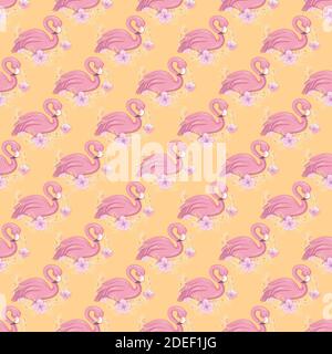 Tropisches Nahtloses Muster mit niedlichem Flamingo und Blumen. Cartoon Sommer Hintergrund Stock Vektor