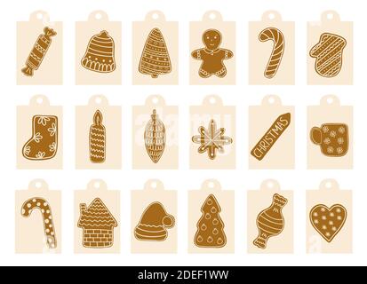 Weihnachten Lebkuchen Kekse Geschenk-Tags Etiketten Set, traditionelle Feiertagsfeier Design Hand in Doodle-Stil mit Zucker Icing Winter süße Lebensmittel verziert gezeichnet Stock Vektor