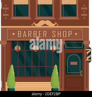 Stadtgebäude vintage Fassade Barbershop Vektor Illustration. Cartoon Haus außen Vorderansicht Herren Salon. Stock Vektor