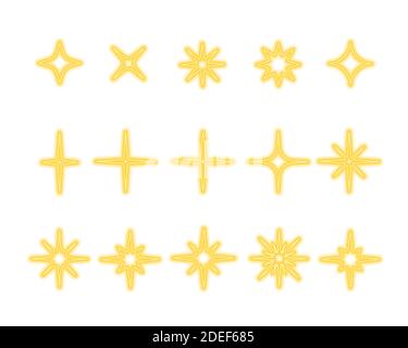 Glänzendes Gold, gelbe Sterne funkeln und funkeln. Set von hellen Leuchten, plötzlichen Blitz, blenden Lichteffekte. Vektorgrafik. Stock Vektor
