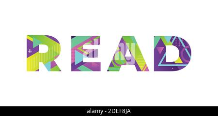 Das Wort LESEN Konzept in bunten Retro-Formen und Farben Illustration geschrieben. Stock Vektor