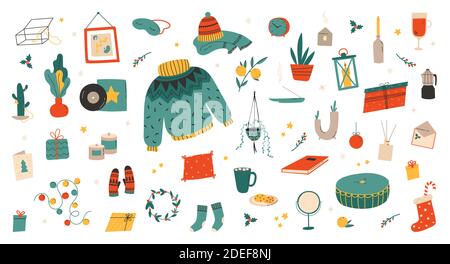 Hygge weihnachten set.Holiday Dekor, Geschenk, Kleidung Stock Vektor