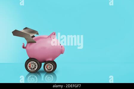 Sparschwein mit Rad wie ein Auto. Konzept der schnellen increse des Geldes.cyan Hintergrund Stockfoto