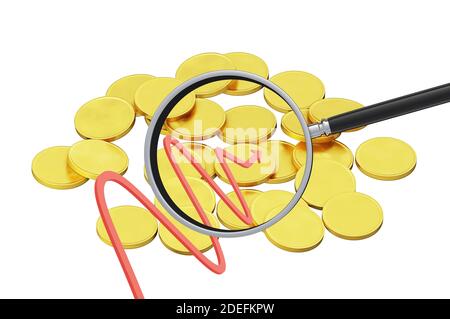 Goldmünzen sind auf einem Flugzeug verstreut, gekrümmter roter Pfeil und Lupe, isoliert auf einem weißen Hintergrund, Finanz-, Wirtschafts-Analyse-Konzept, Abnahme in Stockfoto
