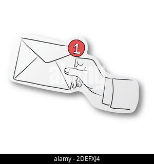 Vektor schwarze Linie Hand gezeichnet von Hand des Geschäftsmannes, der Umschlag mit roter Nofitikation auf geschnittenem Papier mit Schatten isoliert auf weißem Hintergrund hält. Pape Stock Vektor