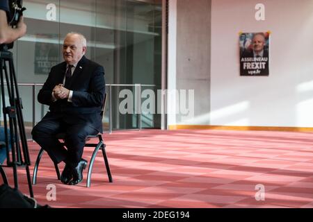 Der Spitzenkandidat der Partei der Republikanischen Union (UPR) François Asselineau hält am 25. April 2019 in Toulouse, Südfrankreich, eine Wahlkampfkundgebung ab. Foto von Patrick Batard/ABACAPRESS.COM Stockfoto