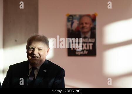 Der Spitzenkandidat der Partei der Republikanischen Union (UPR) François Asselineau hält am 25. April 2019 in Toulouse, Südfrankreich, eine Wahlkampfkundgebung ab. Foto von Patrick Batard/ABACAPRESS.COM Stockfoto