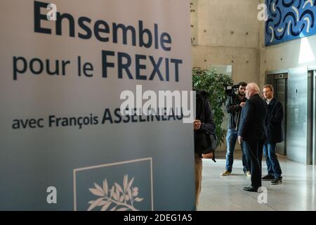 Der Spitzenkandidat der Partei der Republikanischen Union (UPR) François Asselineau hält am 25. April 2019 in Toulouse, Südfrankreich, eine Wahlkampfkundgebung ab. Foto von Patrick Batard/ABACAPRESS.COM Stockfoto