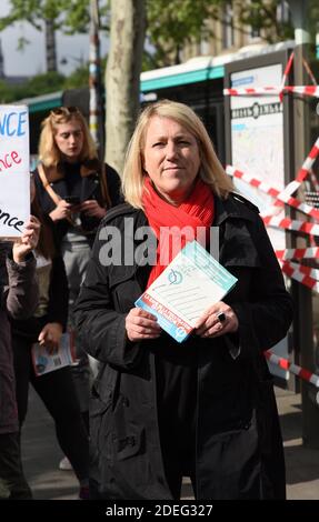 Stadtrat von Paris und Mitglied der französischen Linken Parti de Gauche (PG) Danielle Simonnet bei der Pressekonferenz gegen die europäische Richtlinie, die den Wettbewerb der RATP-Buslinien in Paris am 29. April 2019 aufzwingt. Foto von Patrice Pierrot/Avenir Pictures/ABACAPRESS.COM Stockfoto