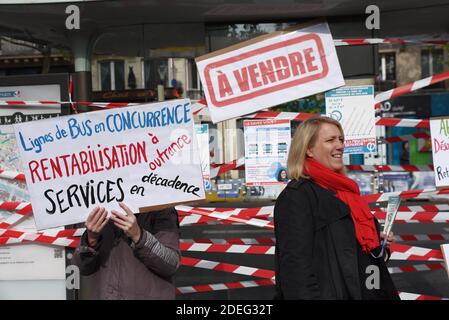 Stadtrat von Paris und Mitglied der französischen Linken Parti de Gauche (PG) Danielle Simonnet bei der Pressekonferenz gegen die europäische Richtlinie, die den Wettbewerb der RATP-Buslinien in Paris am 29. April 2019 aufzwingt. Foto von Patrice Pierrot/Avenir Pictures/ABACAPRESS.COM Stockfoto