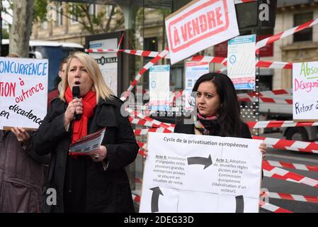 Die linke Partei La France Insoumise (LFI) und Kandidatin für die bevorstehenden Europawahlen Leila Chaibi und die Stadträtin von Paris und Mitglied der französischen linken Parti de Gauche (PG) Danielle Simonnet während einer Pressekonferenz gegen die europäische Richtlinie, die den Wettbewerb der RATP-Buslinien in Paris aufzwingt In Frankreich am 29. April 2019. Foto von Patrice Pierrot/Avenir Pictures/ABACAPRESS.COM Stockfoto