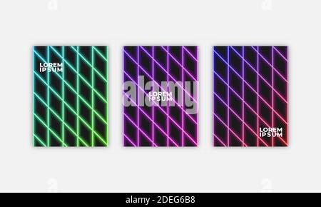 Cooles Deckenset. Fluide Vektor Schillernden Gradient Glam Hintergrund. Regenbogen farbige Holografische A4 Minimal Abdeckungen Set. Neonfarben Futuristische Gitter Mus Stock Vektor