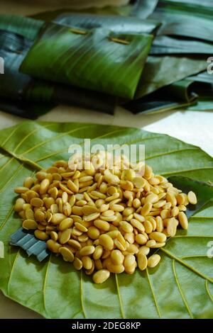 Tempeh oder tempe ist ein traditionelles indonesisches Sojaprodukt, das aus fermentierten Sojabohnen hergestellt wird. Stockfoto