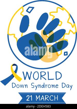 World Down Syndrom am 21. März mit gelb - blau Abbildung mit Bandschild Stock Vektor
