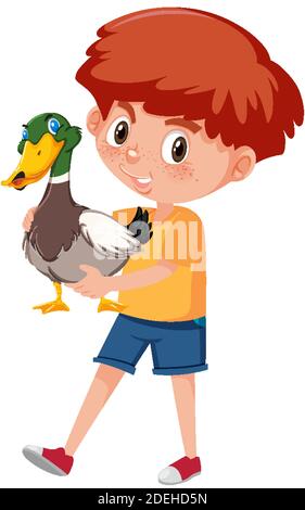 Junge halten niedlichen Tier Cartoon-Charakter isoliert auf weißem Hintergrund Abbildung Stock Vektor