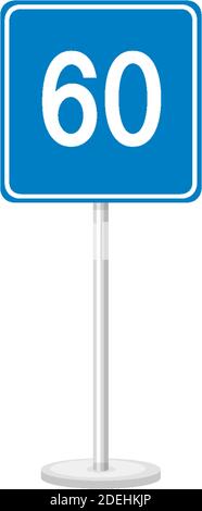 Blaue Mindestgeschwindigkeit Grenze 60 Straßenschild mit Stand isoliert Auf weißem Hintergrund Stock Vektor
