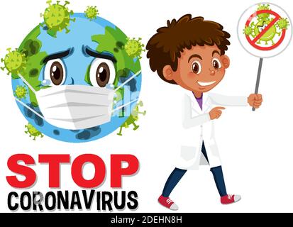 Stop Coronavirus Logo mit Erde trägt Maske Cartoon Charakter und Junge halten stoppen Coronavirus Zeichen Illustration Stock Vektor