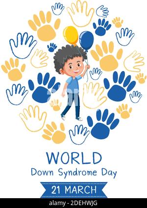 World Down Syndrom am 21. März mit niedlichen Jungen und Gelb - blaues Band Schilder Abbildung Stock Vektor