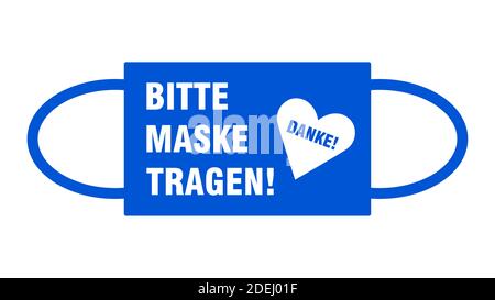 Bitte Maske tragen Danke Warnschild mit Gesichtsmasken-Form und Herzsymbol. Vektorbild. Stock Vektor