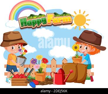 Schriftdesign für Happy Farm mit glücklichen Kind und Blumen Abbildung Stock Vektor