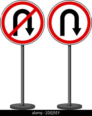 U-Turn und No U-Turn Schild mit Ständer isoliert auf weiß Hintergrunddarstellung Stock Vektor