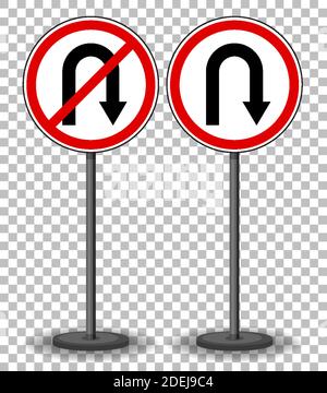 U-Turn und No U-Turn Schild mit Standfuß isoliert auf transparent Hintergrunddarstellung Stock Vektor