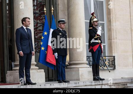 Der französische Präsident Emmanuel Macron empfängt den kanadischen Premierminister Justin Trudeau am 7. Juni 2019 im Elysée-Palast in Paris. Foto von Daniel Derajinski/ABACAPRESS.COM Stockfoto