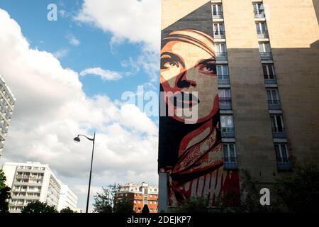 Wandgemälde mit dem Titel 'Rise Above Rebel' des Straßenkünstlers Shepard Fairey aka Obey, als Teil der Straßenkunst-Ausstellung 'Boulevard Paris 13' im Freien am 13. Juni 2019 in Paris, Frankreich. Foto von Denis Prezat/Avenir Pictures/ABACAPRESS.COM Stockfoto