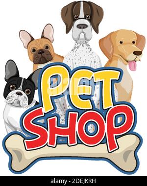 PET Care Logo oder Banner mit niedlichen Hunden auf weiß Hintergrunddarstellung Stock Vektor