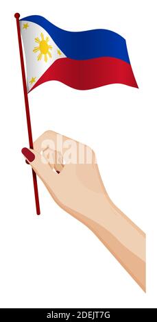 Weibliche Hand hält sanft kleine Flagge der Republik Philippinen. Design-Element Urlaub. Cartoon-Vektor auf weißem Hintergrund Stock Vektor