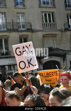 Teilnehmer der jährlichen Gay Pride Parade am 29. Juni 2019 in Paris, Frankreich, als eine Hitzewelle die französische Hauptstadt traf. Foto von Karim Ait Adjedjou/Avenir Pictures/ABACAPRESS.COM Stockfoto