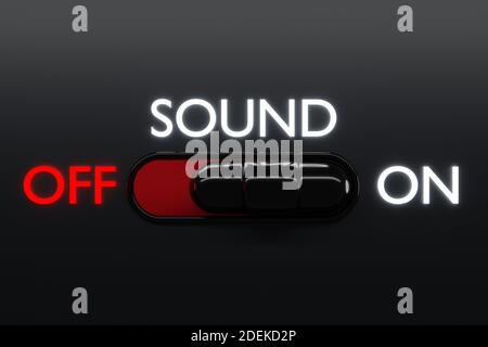 3d-Darstellung der ein- und aus-Kippschalter-Tasten mit 1 und 2 Schriftzügen, Start-Beschriftung Soundschild oder Symbol. Musik-Button-Konzept. 3D-Rendering Stockfoto