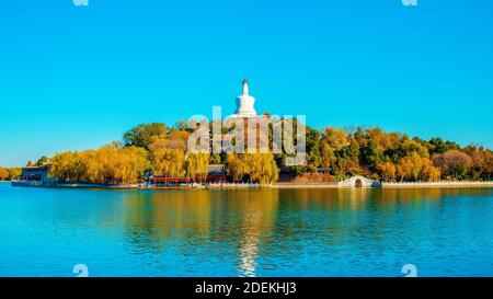 Schöne Aussicht auf Beihai See und Jade Insel mit weißer Pagode im Beihai Park. Asien, China, Peking. Sonniger Tag, klarer blauer Himmel. Herbstsaison. Stockfoto