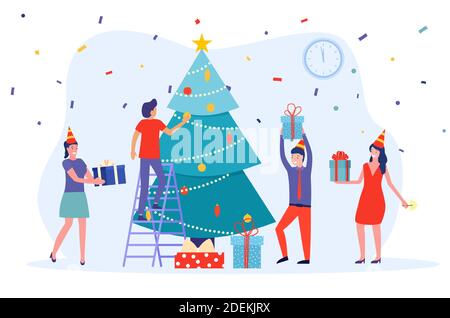 Menschen setzen weihnachtsbaum Dekoration Stock Vektor