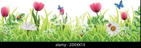 3d realistische Vektor Fantasie schöne grüne Blumen isoliert Hintergrund. Mit grünem Leihgras und rosa Tulpen mit Kamille und Schmetterlingen und ladybu Stock Vektor